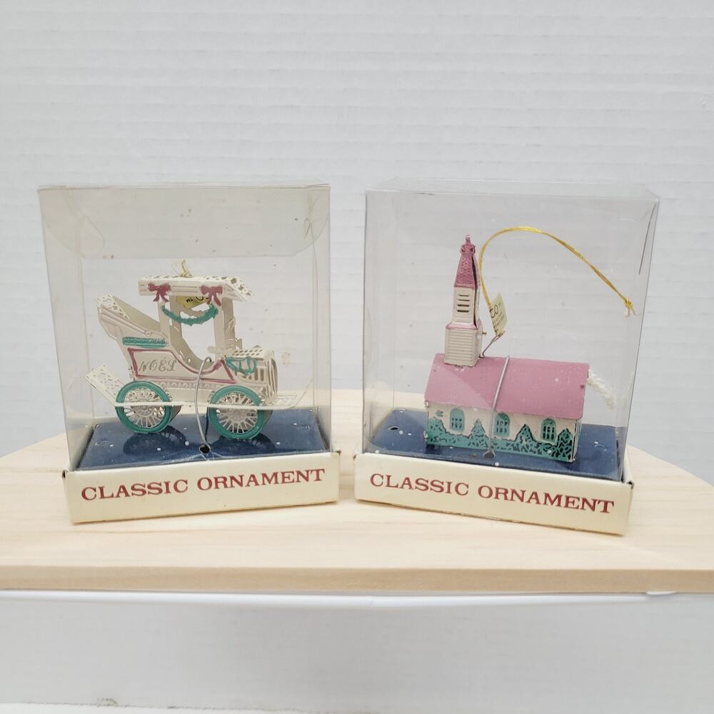 Vtg 1989 ENESCO Classic Ornament Die Cut Church Model T Desig Giftware Lot of 2